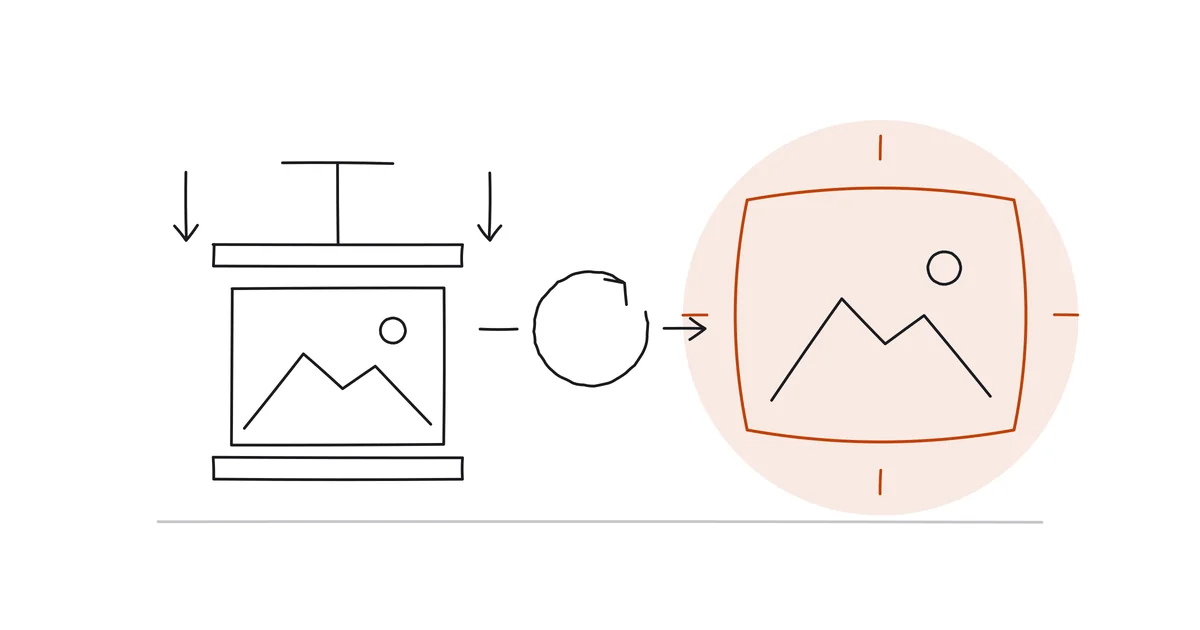 Line drawing: a picture squeezed in a press goes through a save-again loop and comes out bloated